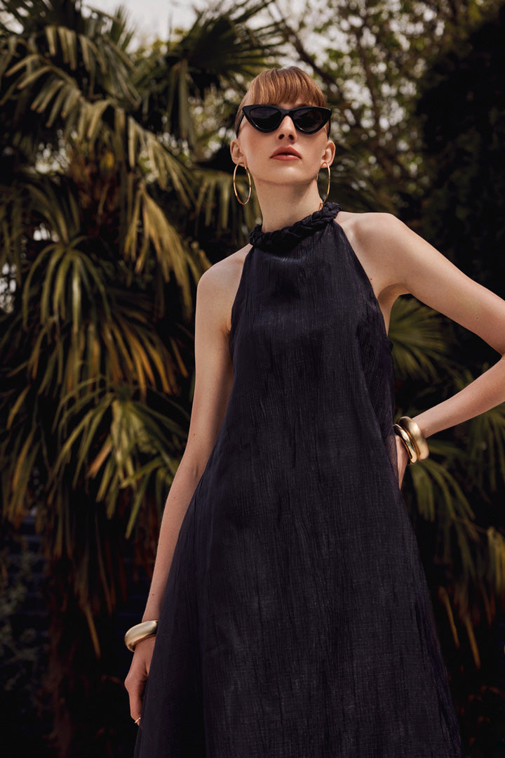 Midnight Sky - Knitted straps black maxi dress with low-cut back