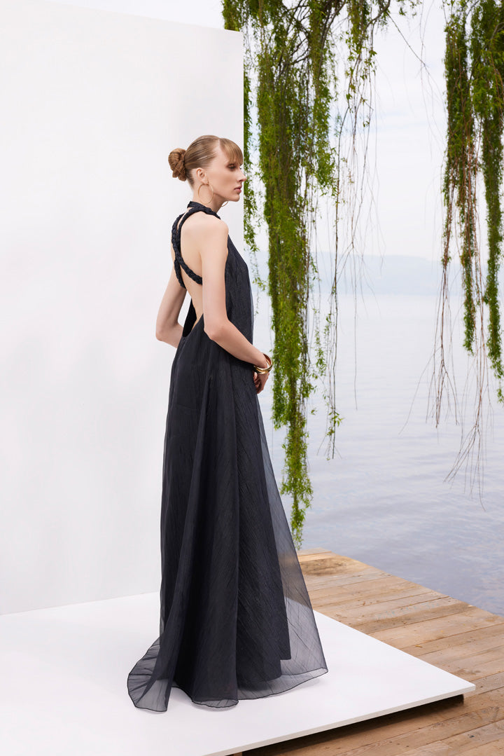 Midnight Sky - Knitted straps black maxi dress with low-cut back