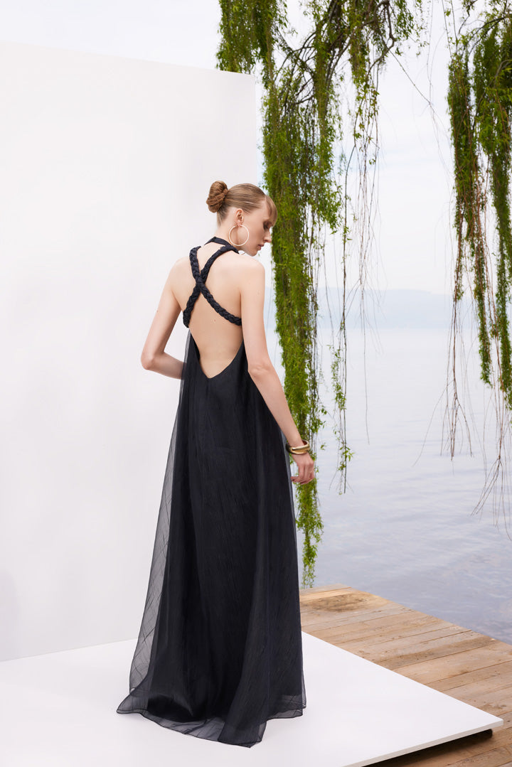 Midnight Sky - Knitted straps black maxi dress with low-cut back