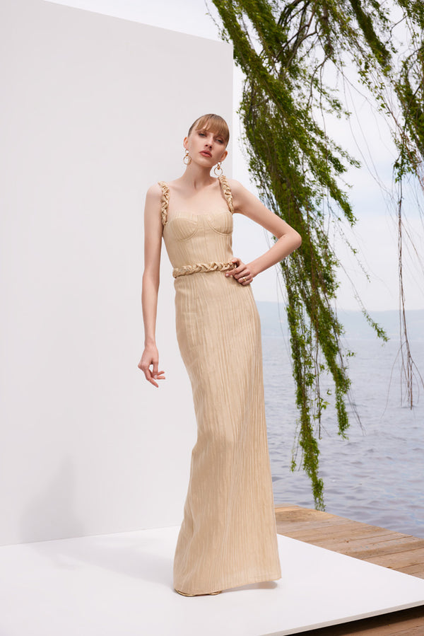 Golden Gala - Beige maxi dress with gold knit detail