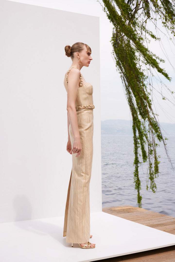 Golden Gala - Beige maxi dress with gold knit detail