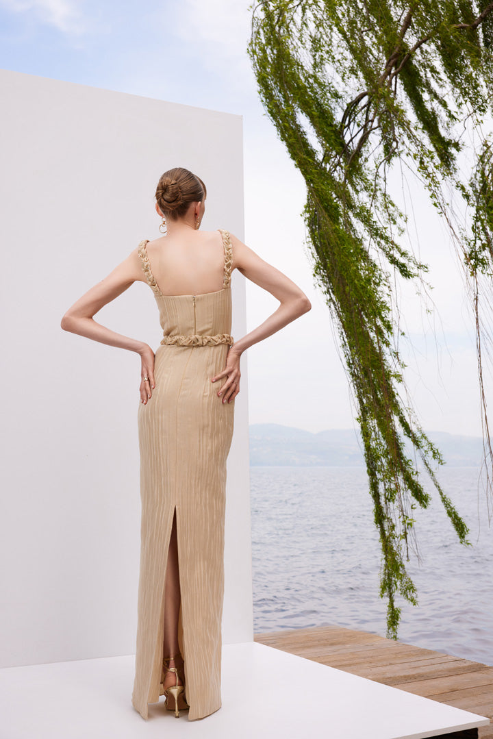 Golden Gala - Beige maxi dress with gold knit detail